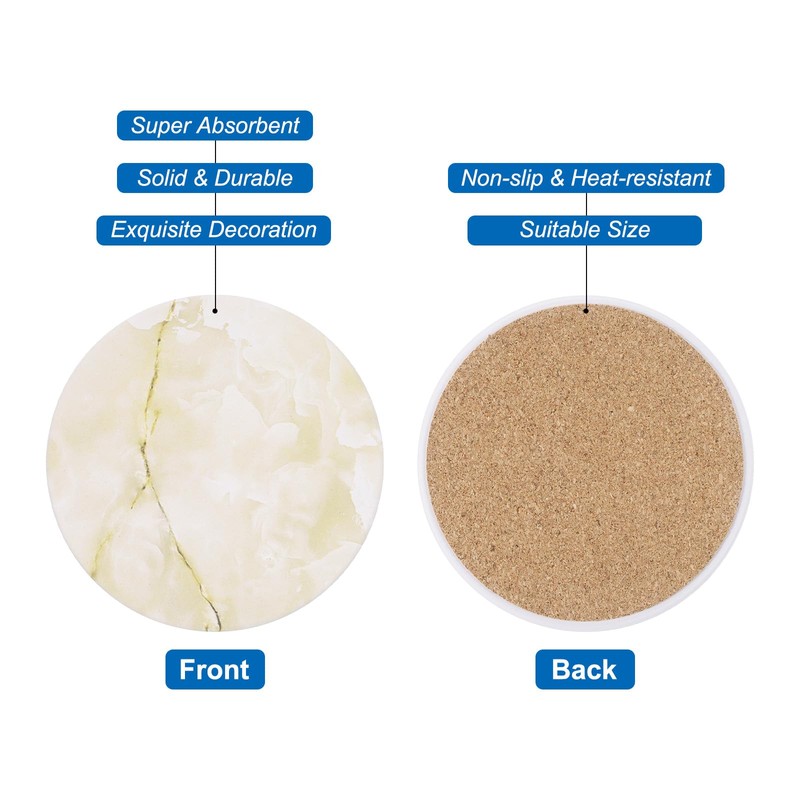 sourcing map 4Pcs Absorbent Coasters Yellow Marble Gilding Pattern Round