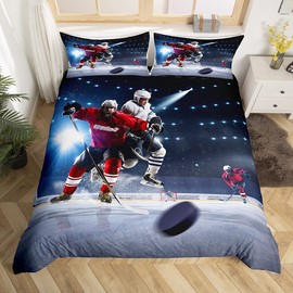 Ice Hockey Bedding Set Single Size Hockey Player Comforter Cover For Boys Teens Girls Sports Game Event Duvet Cover Youth Kids Soft Microfiber Winter Sports Bedroom Decotive 2Pcs