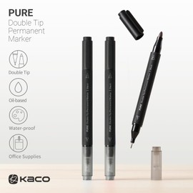 Kaco PURE Permanent Markers Black Fine Point, 10 Pieces Set, Dual Tip, 0.8mm/4.0mm Point, Work on Wood, Glass, Paper, Ceramic for Office School Supplies