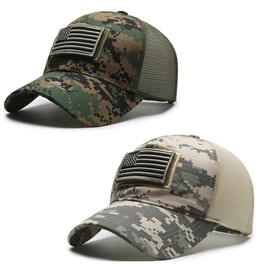 American Flag Trucker Hats, 2 Pieces USA hat for Men and Women - Adjustale Baseball Cap Outdoor Mesh Snap Grey and Army Green