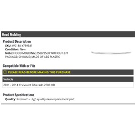 Marketplace Auto Parts - Hood Molding - Chrome - Compatible with 2011-2014 Chevy Silverado 2500 HD (without Z71 Package)