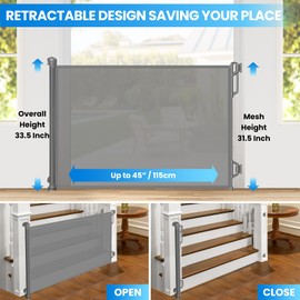 Spaceany Retractable Safety Baby Gate or Mesh Dog Gate,Durable Portable Mesh Retractable Gate,Easy to Use for Stairs, Doorways,Hallways, Indoor, Outdoor, 33.5" Tall, Extends to 45" Wide, Gray