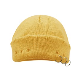 AIBEARTY Swag Short Fisherman Beanie for Men Women Rolled Cuff Beanie Skull Caps Wool Knit Winter Ski Hat with O Rings Yellow