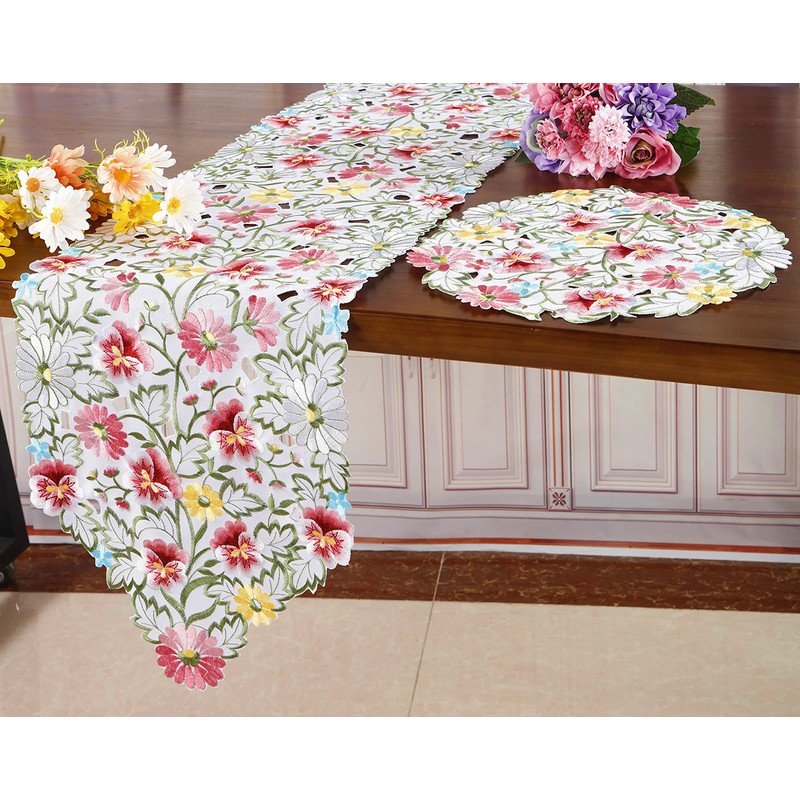 Spring Flower Table Runner Embroidered Flowery Table Placemats Floral Cutwork