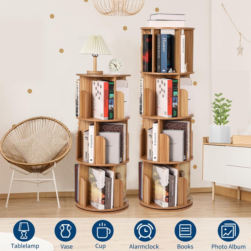Garvee Wooden Rotating Bookshelf 4 Tier, 360° Floor Standing Bookcase