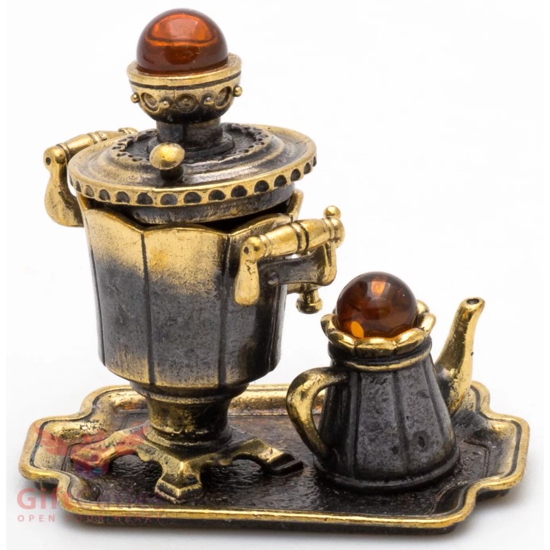 Brass Amber Figurine souvenir of Russian Samovar Teapot set souvenir
