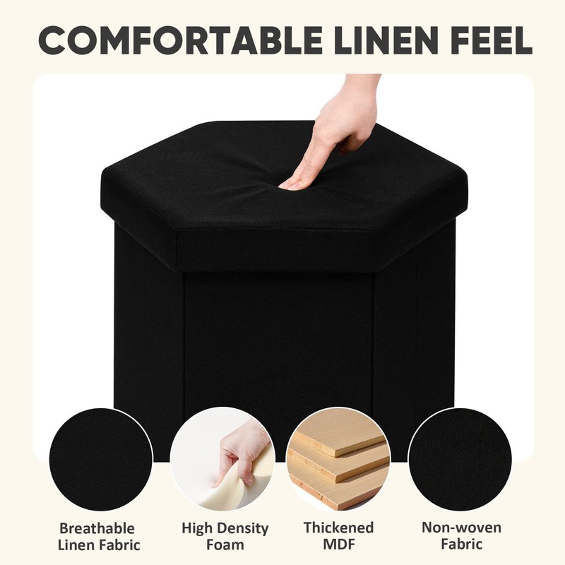 PINPLUS Linen Hexagon Storage Ottoman, Foldable Fabric Footstool with Lid,