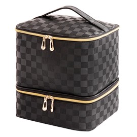 KGMCARE Portable Nail Polish Organizer Bag with UV Light Case - Holds 30 Bottles and 1 UV Nail Lamp, Double-Layers Nail Dryer Case for Gel Nail Polish Kit, Nail Art Decorations（Checkered Black）