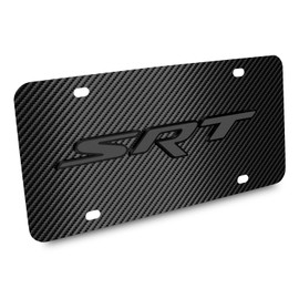 iPick Image for Dodge SRT Logo 3D Dark Gray Logo on Black Carbon Fiber Pattern Stainless Steel License Plate for Decorative