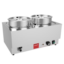 Valgus Commercial Stainless Steel Bain Marie Food Warmer 2 Round Pots Electric Soup Warmer with Lid and Tap for Home, Catering, Buffet