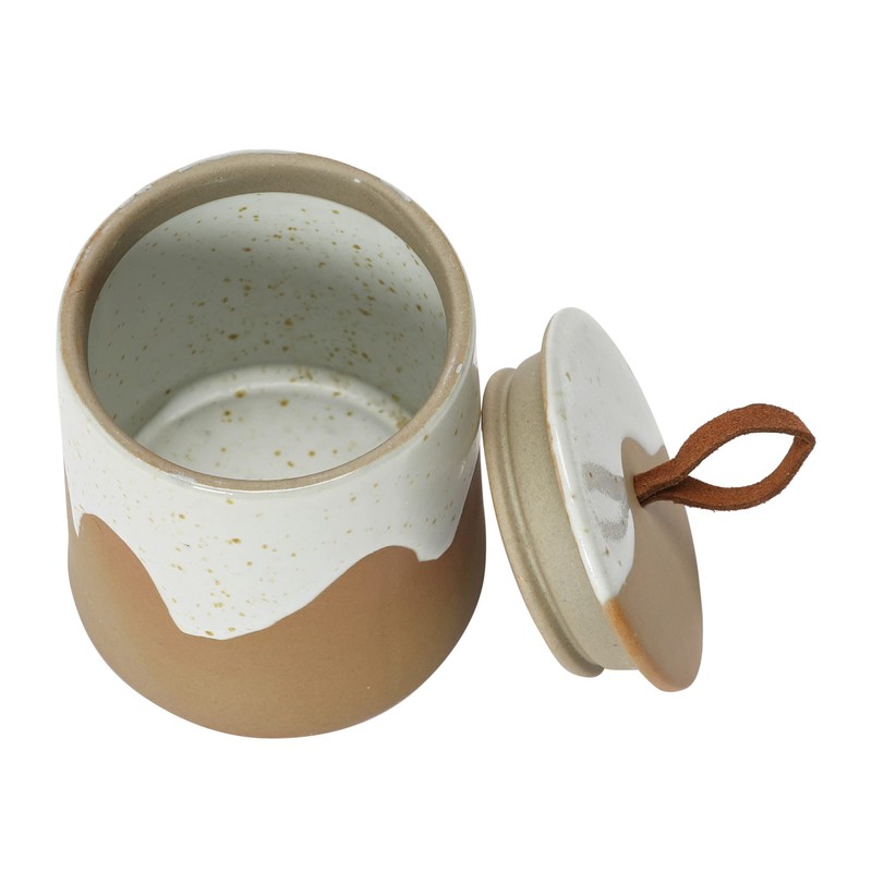 Bloomingville Stoneware Canister with Leather Loop Food Storage, 3" L