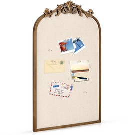 Wonderjune Vintage Arch Framed Pin Board 19 x 31'' Gold Linen Bulletin Board Large Fabric Inner Foam Decorative Pinboard for Wall Arched Ornate Picture Memo Display Pinboard for Home Office Farmhouse