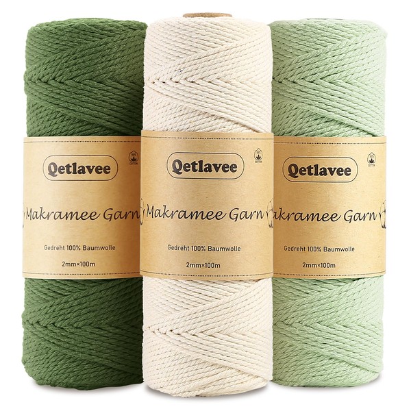 Qetlavee Premium Macrame Yarn Set of 3, 2 mm x 100 m, 100% Natural Cotton Yarn, Plastic-Free Packaging, Cotton Cord for DIY Crafts, Knitting (Natural + Light Green + Olive Green)
