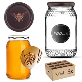 KADAX Honey Jars, 900 ml, Preserving Jars with Fi82 mm Screw Lid, Jars for Honey, Jam Jars, Screw Jars, Preserving Jars (Gold Bee, Pack of 8)