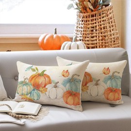 RABUSOFA Fall Decor Pillow Covers 12x20 Inch Set of 2,Pumpkin Autumn Thanksgiving Decorative Throw Pillow Covers,Maple Leaves Cushion Covers for Home Sofa Couch