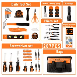 THINKWORK Tool Set - 207 Piece Portable Home Repairing Tool Kit, General Household Hand Tool Set with 13'' Wide Mouth Open Storage Tool Bag, Perfect for DIY, Home Maintenance, Handyman - Gift for Men