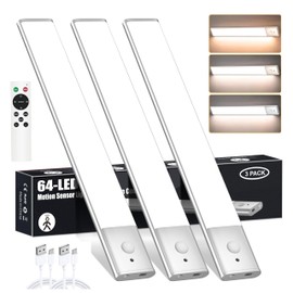 Haigvel Under Cabinet Lights Wireless, 3 Color Kitchen Counter Lighting Wireless, 64 LEDs Rechargeable Motion Sensor Closet Lights with Remote, Dimmable LED Night Light for Shelf Pantry Stair,3 Pack