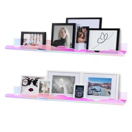 Wooshwa Rainbow Glitter Acrylic Floating Shelves, 23.6" Wall Mounted Nursery Bookshelves, Display Ledge for Books Toys Cosmetic Storage, Bathroom Bedroom Living Room Wall Organizer, 2 Pack, Iridescent