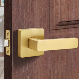 Gaurqiah Brushed Gold Door Handles, Heavy Duty No Lock Passage Door Lever, Reversible Square Door Handle Without Lock for Hallway Closet Doors, Satin Brass