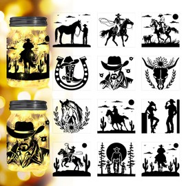 Peacoblue West Cowboy Silhouette Cutouts for Mason Can Jars Lantern Glass Decor(No Stickers), 12Pcs Reusable Silhouette DIY Craft Kit for Jar Decals Art Home Lantern Garden Decor