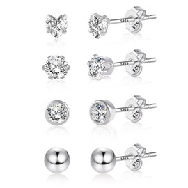 Ash's Choice Women's Gold Stud Earrings, 6 Pairs, Multipack, Small Mini Earrings, 14 Carat Gold-Plated, Ball, Heart, 925 Silver Earrings, Glitz Cubic Zirconia, Cartilage, Silver