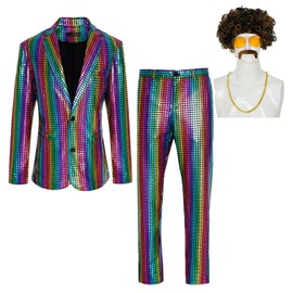 DZMDIP Men's 70s Disco Costume Shiny Metallic Sequin Suits Set Prom Party 2 Piece Outfits(4XL,Z2707ST)