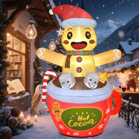 6.2 FT Christmas Gingerbread Inflatables Outdoor Decorations, Blow Up Gingerbread Man in Hot Cocoa Mug Candy Cane Yard Decor with Build-in LEDs for Indoor Outdoor Garden Party Lawn Xmas Decor