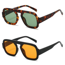 IKUVNA Retro 70s Square Aviator Sunglasses for Women Men Trendy Style Flat Frame Vintage Square Shades (2 Pack Green+Orange)