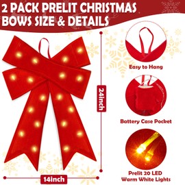 2 Pack 24'' x 14'' Large Prelit Christmas Bows with 20 Warm White Lights Remote 8 Modes Timer, Battery Operated Red Velvet Outdoor Bows for Christmas Tree Wreath Garland Tree Topper Home Decorations