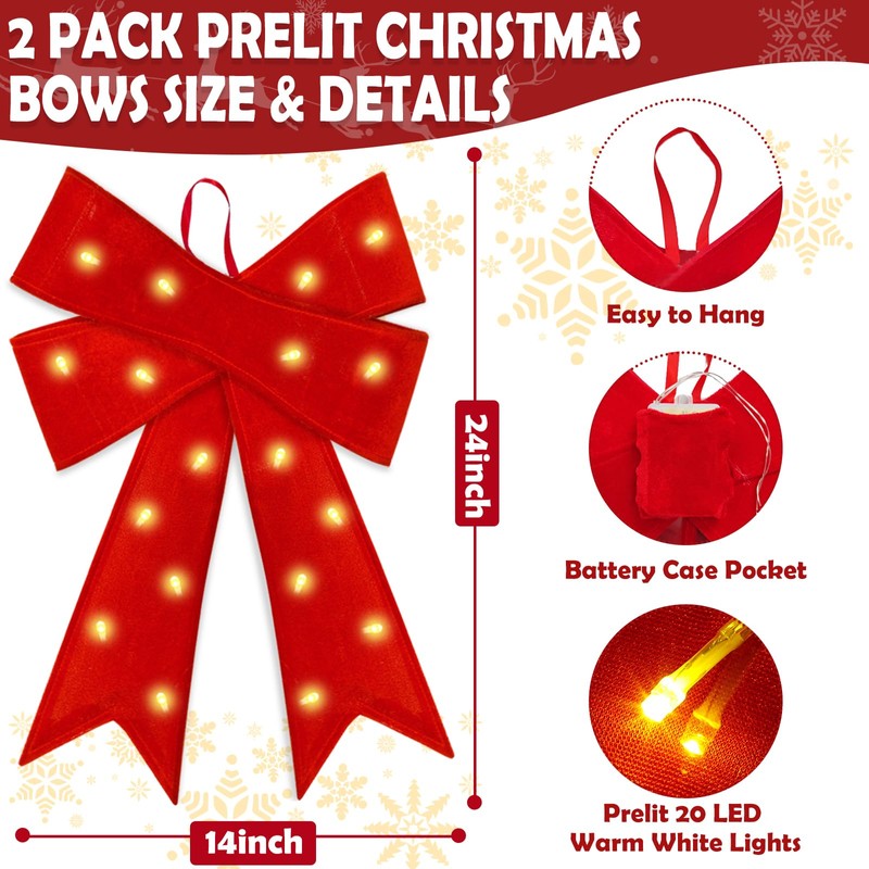 2 Pack 24'' x 14'' Large Prelit Christmas Bows with