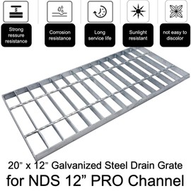 MASSLUNT Galvanized Steel Drain Grate 20x12 for NDS 12” PRO Channel, Outdoor Drain Cover, B Class Replacement Sewer Grate Durable Heavy Duty, Sliver Rectangle Drainage Grate for Driveway, Concrete