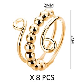MEMOFYND 8 Pieces Stress Relief Rings, Adjustable Split Ring with Beads, Anti-Stress Ring, Anxiety Ring, Spinning Ring, with 1 Storage Bag, for Anxiety Relief, Decoration, Women, Girls