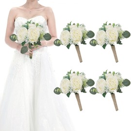 HOMENERGY Set of 4 Wedding Bridesmaid Bouquets - 7 Inch Ivory Artificial Flowers Bouquets for Ceremony Anniversary Centerpieces Decorations