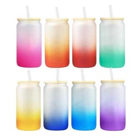 AGH 25pcs 50pcs 16oz Ombre Frosted Glass Cans Glass Tumblers with Bamboo Colored Lid Straw Sublimation Blank Wholesale Cold Juice Cup Bottle - Color: mix 6 colors -50pcs 16oz ombre glass cans tumblers