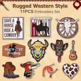 Western Embroidered Iron-On Patches - 11-Piece Unique All-Purpose Set for Clothes, Hats, Backpacks, and More - Upscale Cowboy-Inspired Designs for Exceptional Customization