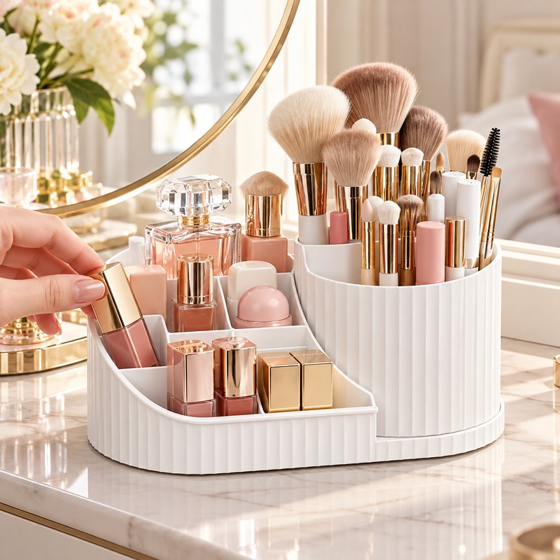 360° Rotating Makeup Organizer for Vanity – Multi-Compartment Cosmetic Storage
