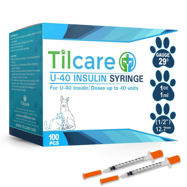 Tilcare U40 Pet Insulin Syringes with Needle 29 G 1 cc 12.7 mm 1/2" 100-Pack – Latex-Free Diabetic Syringes - Ultra Fine Sterile Medical Syringe for Diabetes Individually Blister Packed for Safety