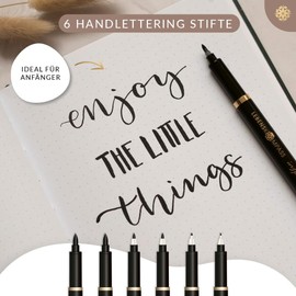 LEBENSKOMPASS Hand Lettering Pens Set of 6 Water-Based Hand Lettering & Calligraphy Pens for Beginners with 4 Different Sizes – Colour: Black