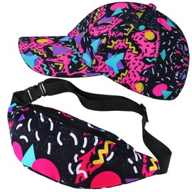 2 Pcs 80s 90s Fanny Pack for Women Men 90s Outfit Hat Adjustable Waist Bag Retro Men Bag Casual Bucket Hats 80s 90s Baseball Hat for Men Women Summer Travel Party (Trendy Style)