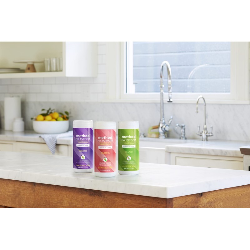 Method All-Purpose Cleaning Wipes, Pink Grapefruit, Multi-Surface, Compostable, 70 Count