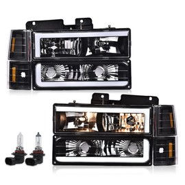PIT66 LED DRL Headlights Assembly, Compatible with 1994-1998 Chevy C10 C/K 1500 2500 3500 Fit 94-99 Chevy Tahoe Suburban w/Turn Signal Lamps Bumper Lights Corner Lamps Clear Lens Amber Reflector