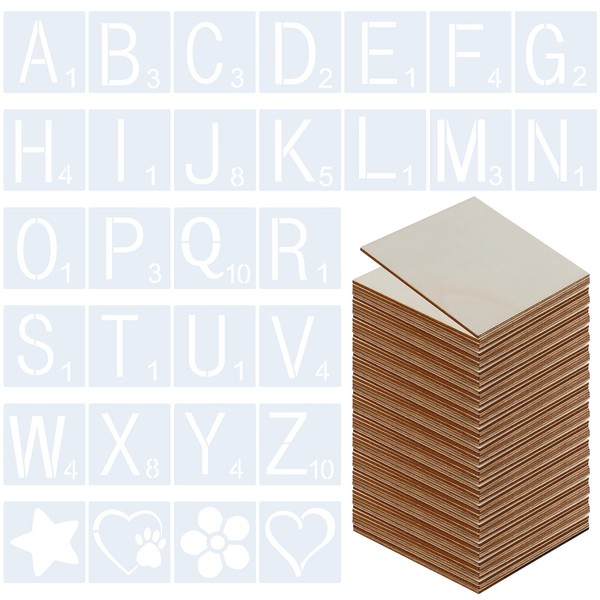 130 Pcs 4x4 Inch Letter,Symbol Stencils and Unfinished Square Wood