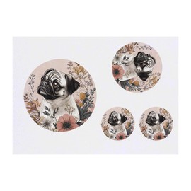4 x 'Pug with Flowers' Temporary Tattoos - Water Resistant, Skin-Safe, Non-Toxic Transfers, Mixed Sizes (TO00077978)