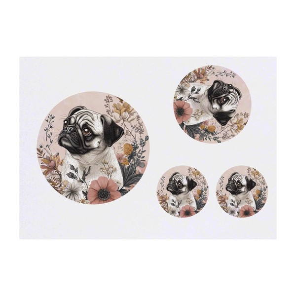 4 x 'Pug with Flowers' Temporary Tattoos - Water Resistant,