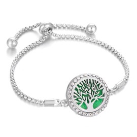 BlingNuts Tree of Life Essential Oil Diffuser Bracelet Stainless Steel Family Tree CZ Aromatherapy Locket Scent Bracelet with 10 Refill Pads
