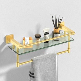 Bathroom Glass Shelf Towel Rack Shelf Glass Organizer Wall-Mounted Bathroom Storage SUS304 Stainless Steel Towel bar/Track Wall-Mounted Tempered Glass Stainless Steel Shelf (Brushed Gold, 16-inch)