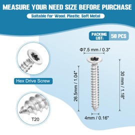 PATIKIL 50 Pcs Flat Head Torx/Star Screws, M4 x 30mm Torx Drive Self Tapping Wood Screws Stainless Steel Countersunk Tamper Proof Screw with T20 Bit for Wood Soft Metal