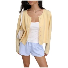 SOLY HUX Button Down Lightweight Cardigans for Women Trendy Crop Cardigan Sweaters Cute Knitwear Back to School Outfits Solid Yellow Large