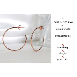 Hoops & Loops 925 Sterling Silver Open 1.5mm Thin Polished Round C-Hoop Earrings, Rose Gold Flashed 35mm
