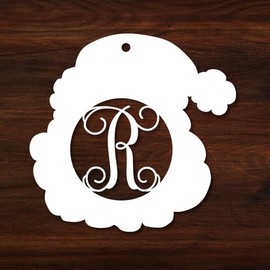 Vintage Santa Head Monogram Chirstmas Gift Tag Ornament 3 Inch R Letter | High Gloss White or Wood Board | Wall Hanging Alphabets | Wood Letter
